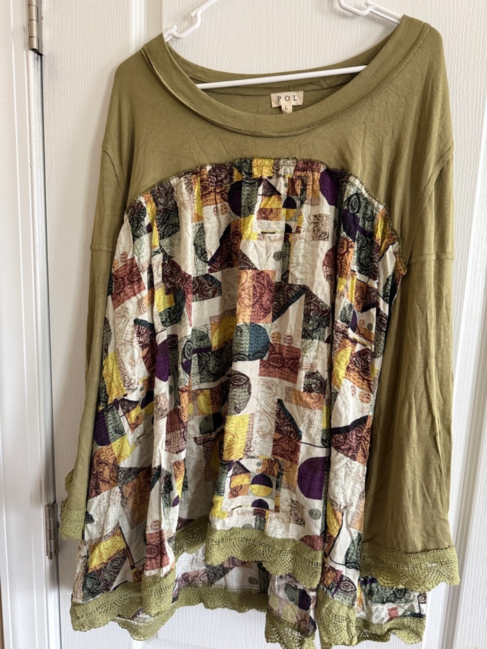 POL Olive Boho Patchwork Long Sleeve Tunic